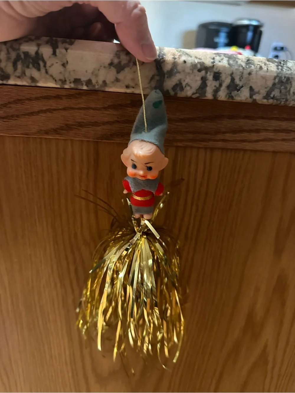 Vintage Elf Holiday Tinsel Ornament in Red, Gray, Gold